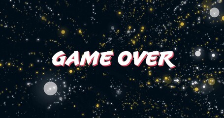 Fototapeta premium Displaying bold GAME OVER text floating in dark navy starfield, showing pink shadow and pale orbs