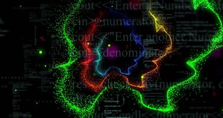 Spinning multicolored particle vortex in deep black void, showing neon streams, glowing orbs, code