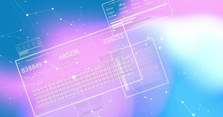 Floating hologram keyboard and clear panels glowing on purple-pink gradient, showing numeric 838849
