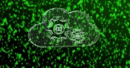 Obraz premium Glowing particle cloud showing two white gears in virtual cyberspace, with green binary digits