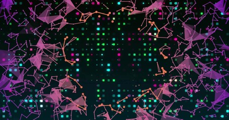 Showing central matrix floating in dark digital UI, with mesh nodes, thin lines, glowing pixel grid