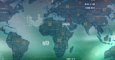 Obraz premium Displaying stylized world map on dashboard, showing continents, node markers, connector lines