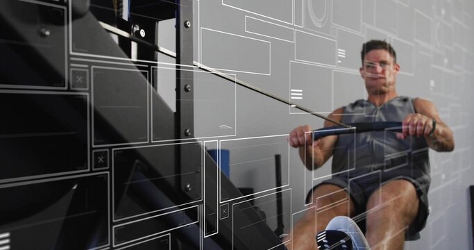Rowing mid-adult man wearing sportswear pulling handle on rower in gym, overlays, copy space - Powered by Adobe