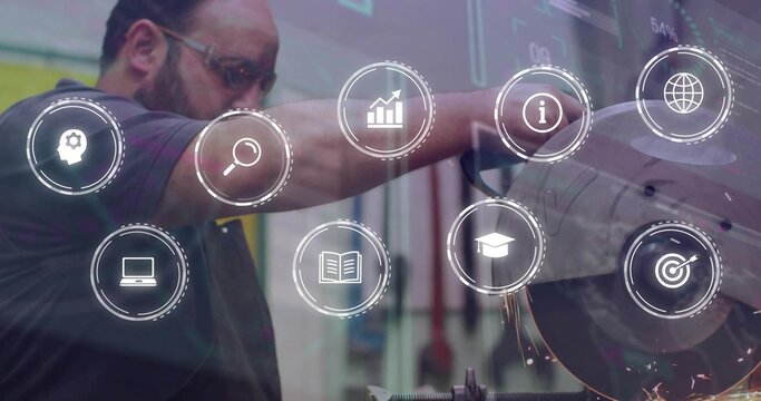 Guiding worker in dark polo, goggles, cutting metal at grinder at shop with HUD-icons and sparks