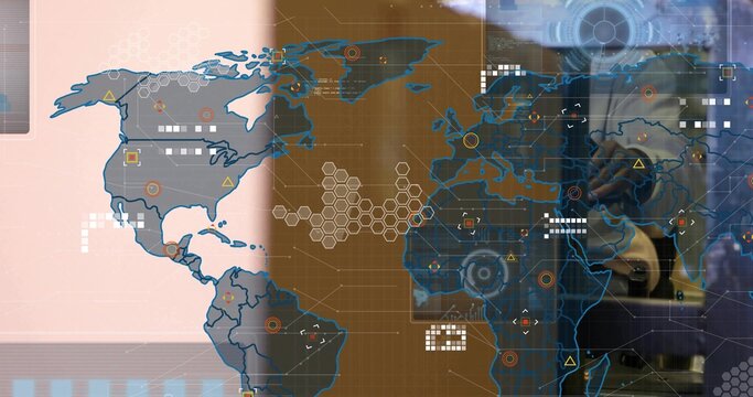 Displaying tech map UI on control screen showing hex grid, device reflection wearing dark top - Powered by Adobe