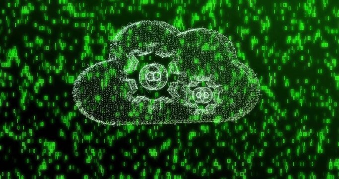 Naklejki Glowing particle cloud showing two white gears in virtual cyberspace, with green binary digits