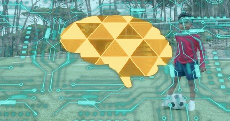Placing red-top kid tapping soccer ball on field with goal, golden brain, cyan overlay, copy space