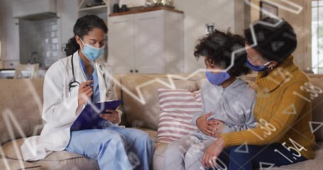 Noting nurse lab-coat checking child on sofa at home, parent yellow-top leaning, stethoscope, masks