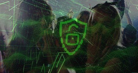 Cheering six friends wearing wristbands leaning in at club, with neon-green shield overlay © vectorfusionart