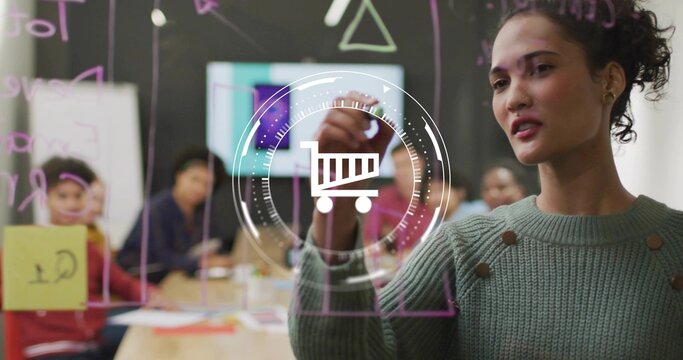 Writing green knit presenter drawing on glass board in office with marker cart overlay, copy space