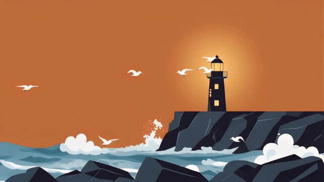 Silhouette animation of lighthouse on cliff at sunset with crashing waves and flying seagulls.