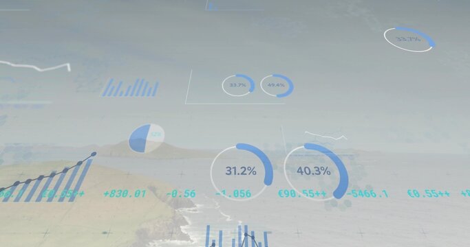 Overlaying translucent charts across coastline, showing circular gauges, numeric values, gridlines