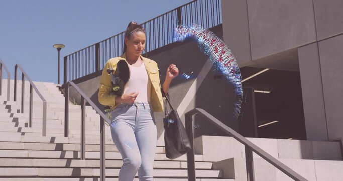 Walking woman in yellow jacket holding skateboard and black tote on urban stairs, with digital arc - Powered by Adobe