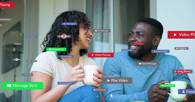 Chatting two adults holding mugs on porch, wearing blue sweater and knit top, with UI labels