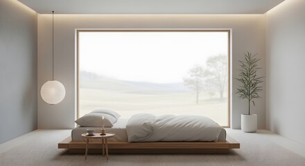 Serene Bedroom Oasis: The minimalist design showcases a bright and airy bedroom space. A bed with simple bedding sits before an expansive window.