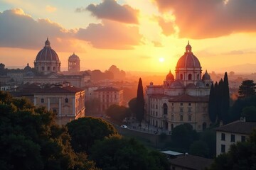 Serene cityscape view of Rome at dawn, sunlight illuminating ancient ruins, a peaceful meditative atmosphere , cityscape, mindfulness, columns