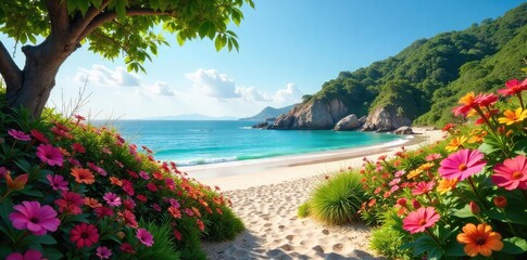 Serene coastal garden overflowing with vibrant flowers, lush greenery, and sandy beach in the background  Perfect for relaxation and tranquility ,  flowers,  view