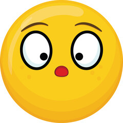 Fototapeta premium Surprised Yellow Emoji Face With Wide Eyes And Red Mouth Against A White Background Expressing Shock And Disbelief With Freckles And Eyebrows