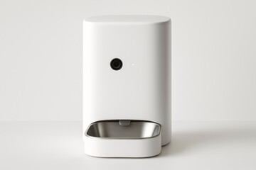 A modern smart bird feeder in white color with a stainless steel feeding tray. It features a camera for bird identification and monitoring.