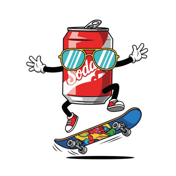 A cartoon soda can with sunglasses and a skateboard, anthropomorphized and having fun, vector illustration