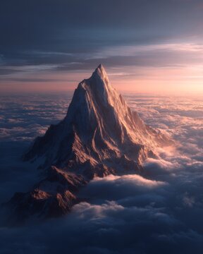Massive mountain peak floating above clouds in surreal warm light.