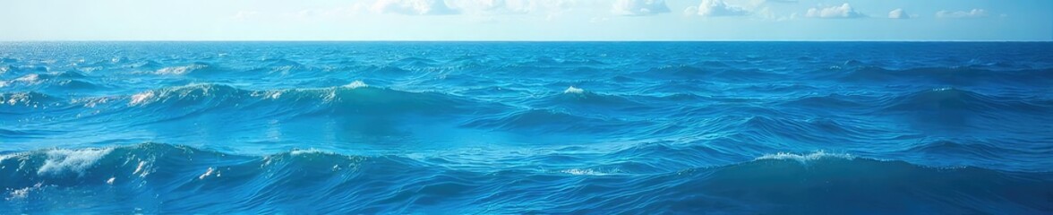Obraz premium Vast, cerulean expanse of the open ocean, waves gently rolling under a clear sky Sunlit surface reveals subtle textures and deep blue hues Untouched beauty of the natural world , tranquil, calm