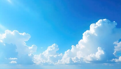 Vast expanse of a brilliant blue sky, fluffy white clouds drift lazily, creating a serene and peaceful atmosphere Perfect for backgrounds, travel, and nature projects , day, low clouds