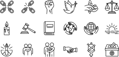 Fototapeta premium Human Rights, Justice Peace Line Icons Set: Freedom, Equality, Law, Global Solidarity, Democracy, Environment Social Issues Symbols