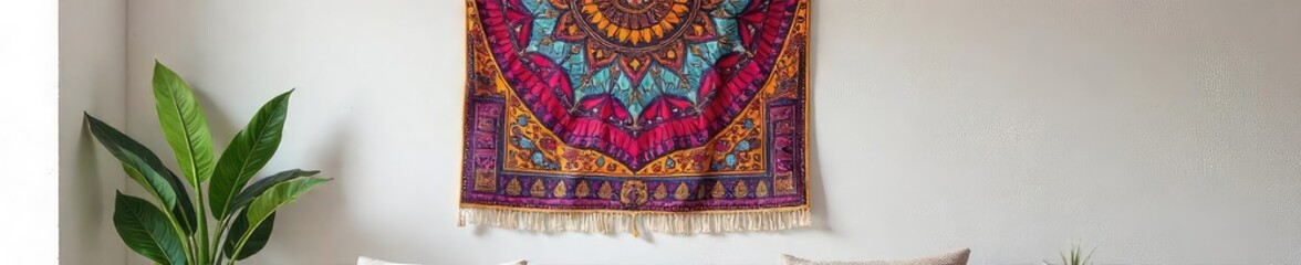 Obraz premium Vibrant bohemian tapestry hanging on a textured wall, adding a touch of global flair and artistic charm to a minimalist room's border Perfect for interior design inspiration , wall art, texture