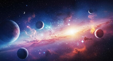 Obraz premium Vibrant nebulae and planets illuminate a cosmic expanse, hinting at distant worlds and the vast unknown