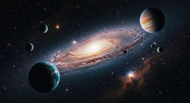 Planets and a distant galaxy swirl in the vast cosmic expanse