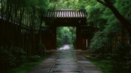朝霧と若竹に包まれた山門と一直線に延びる参道