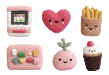 Retro Gaming Plush Set with Joystick, Heart, Fries, Cupcake and Radish Design