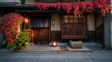 古い町家に絡む紅葉と蔦が彩る静かな路地の秋の夕暮れ