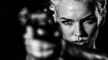 Violent Woman Points Gun With Intense Expression in Dark Setting Capturing a Moment of Confrontation