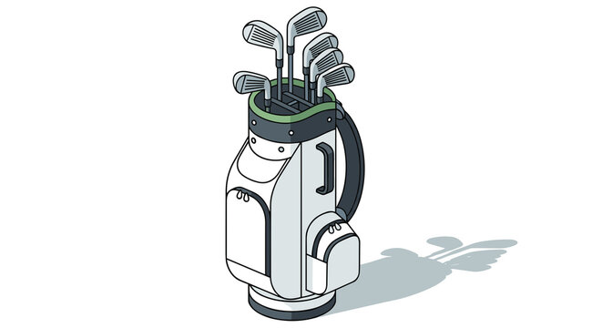 Golf bag with clubs in clean vector style, white and green colors, professional golfing