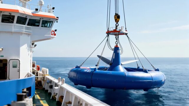 Medium shot of a pilot floating wind turbine anchor being deployed from a research vessel emphasizing advancements in marine technology and sustainable energy.