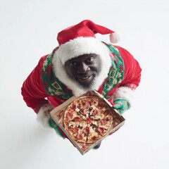 Afro man Santa delivers a pizza with a cheerful smile during the holiday season in a festive setting