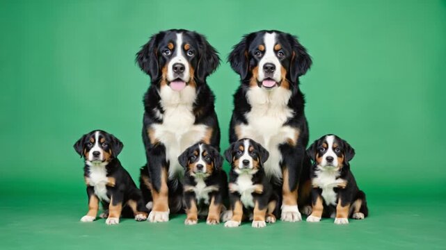 Two adult bernese mountain dogs with four puppies sitting on a green background in a studio shot dog green screen video