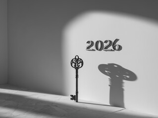 Large decorative key casting a shadow in front of the year 2026 on a minimalistic wall
