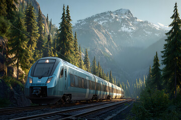 Fototapeta premium Generative AI illustration of modern train driving on railroad tracks between coniferous trees and mountains under sky during summer day