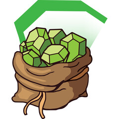 Sack overflowing with luminous green emeralds and a shimmering green diamond shard above against a clean white background a treasure trove of wealth and riches symbolized by precious gemstones