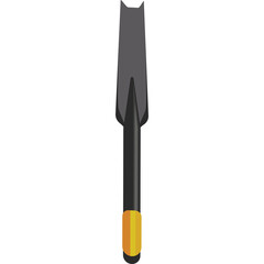 Top Down View of a Dark Gray Spade Tool with Black Handle and Yellow Grip Isolated on a White Background