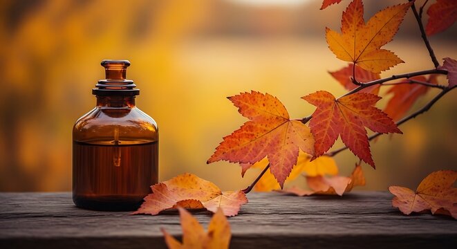 Autumnal essence elixir in amber glass, a natural seasonal transition