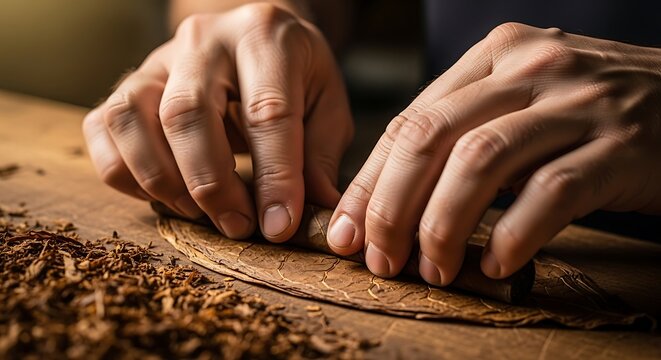Close-up artisan skillfully rolling a refined handmade tobacco cigar