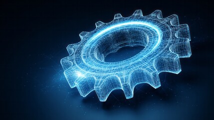 Illuminated digital wireframe of a mechanical gear rotates against a dark background