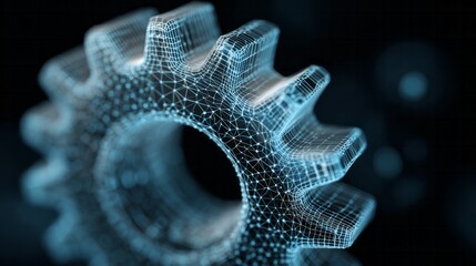 Digital representation of a mechanical cogwheel surface overlaid with a glowing network structure