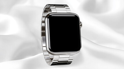 Sleek silver smartwatch with a blank screen, elegantly positioned on soft white fabric, showcasing modern design and luxury technology for stylish wearers and enthusiasts