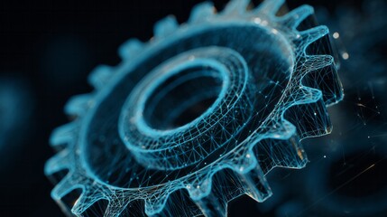 Digital representation of a mechanical gear featuring a glowing wireframe structure against a dark background