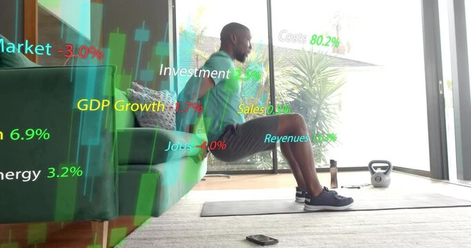 Man placing hands on sofa starting triceps dips for fitness, financial graphs growing over scene